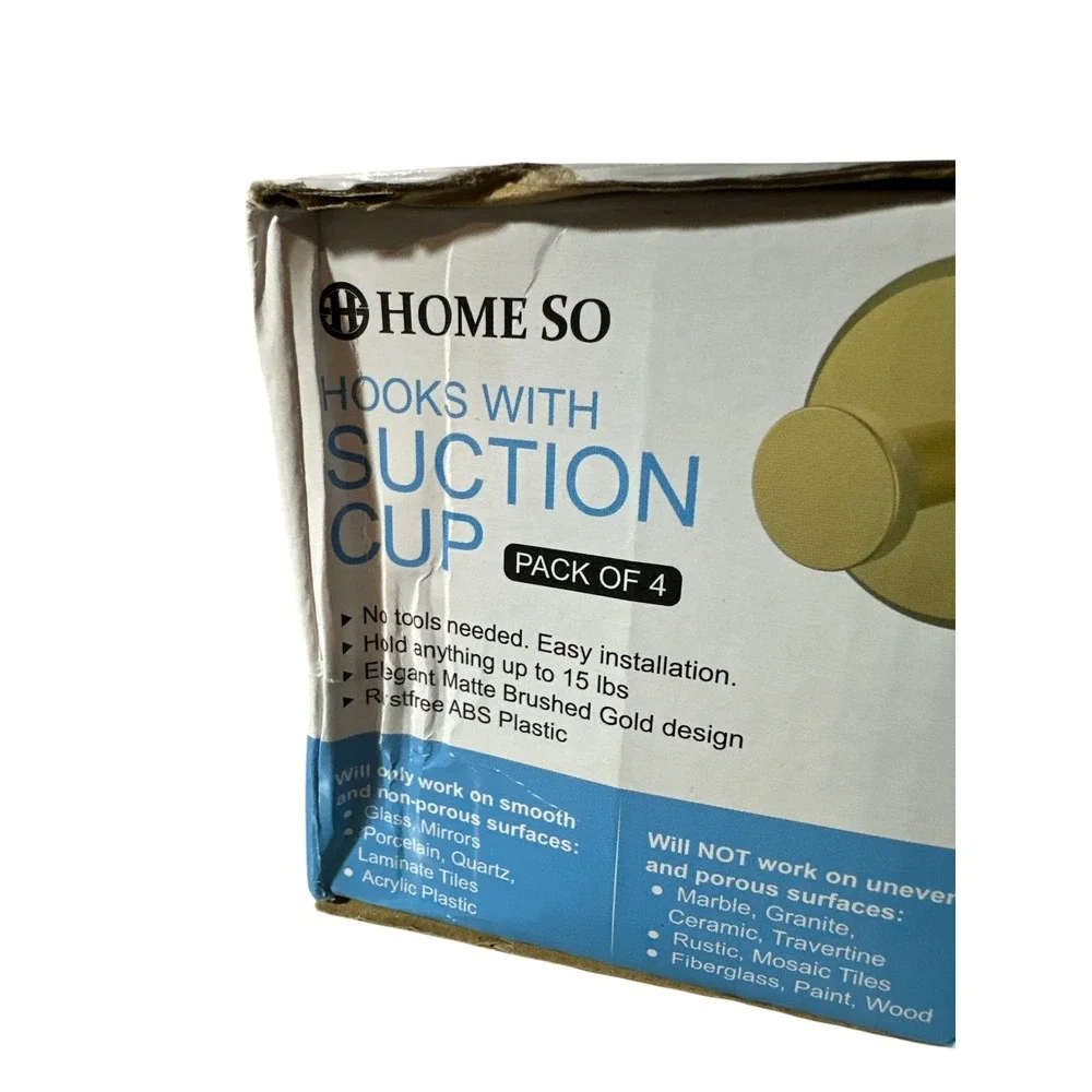 HOME SO Suction Cup Hooks x 4 for Shower,‎ Bathroom, Kitchen, Brushed Gold NIOB